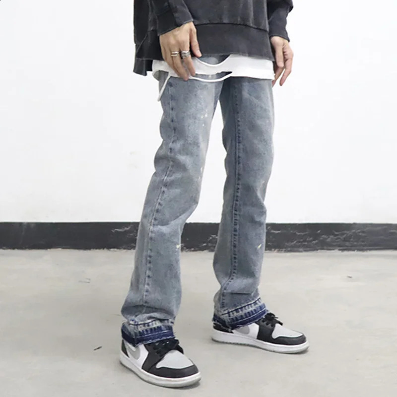High Street Washed Splash Ink Retro Wide Leg Flared Pants Mens Straight Casual Jeans Harajuku Loose Denim Trouser 250409