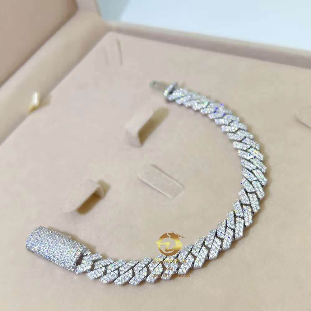 Fashion Fine Iced Out Jewelry Custom Gold Plated Long Clasp Cuban Link Chain Moissanite 10mm Silver Cuban Bracelet