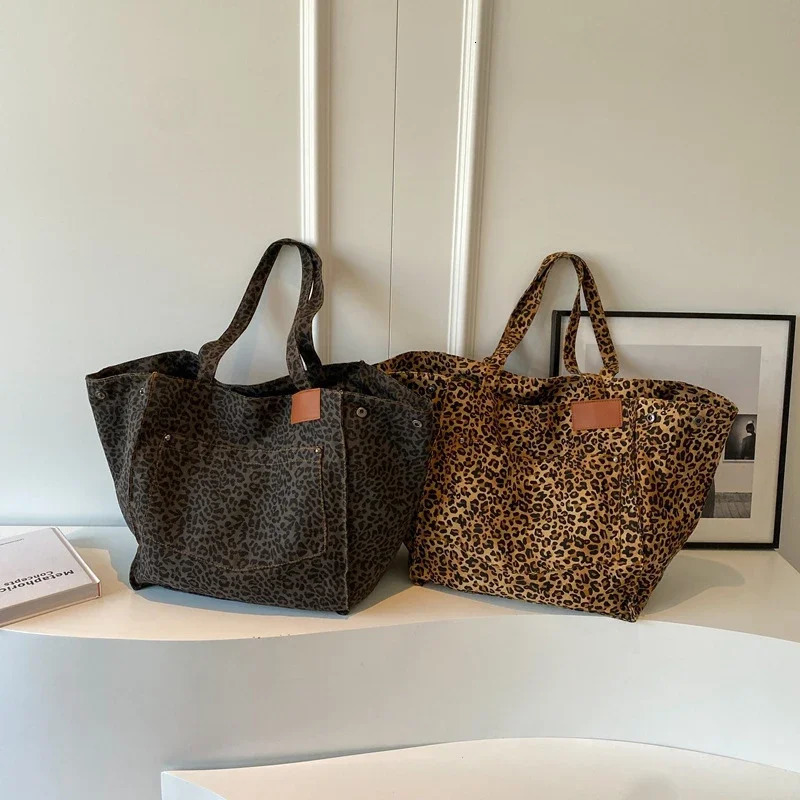 Leopard Pattern Tote Bag Vintage Canvas Shoulder Fashion Big Capacity Handbag For School Work Shopping 251110
