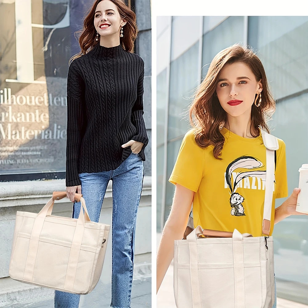 Womens Canvas Tote Bag with Multiple Pockets Large Capacity Shoulder Messenger Stylish Durable Versatile for Daily 251110