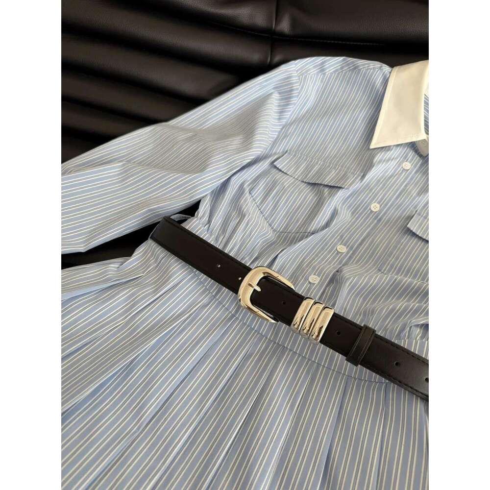 SS Blue White Vertical Stripe Shirt Dress Korean Style, Oversized Loose Tunic With Contrast Collar & Slimming Belt