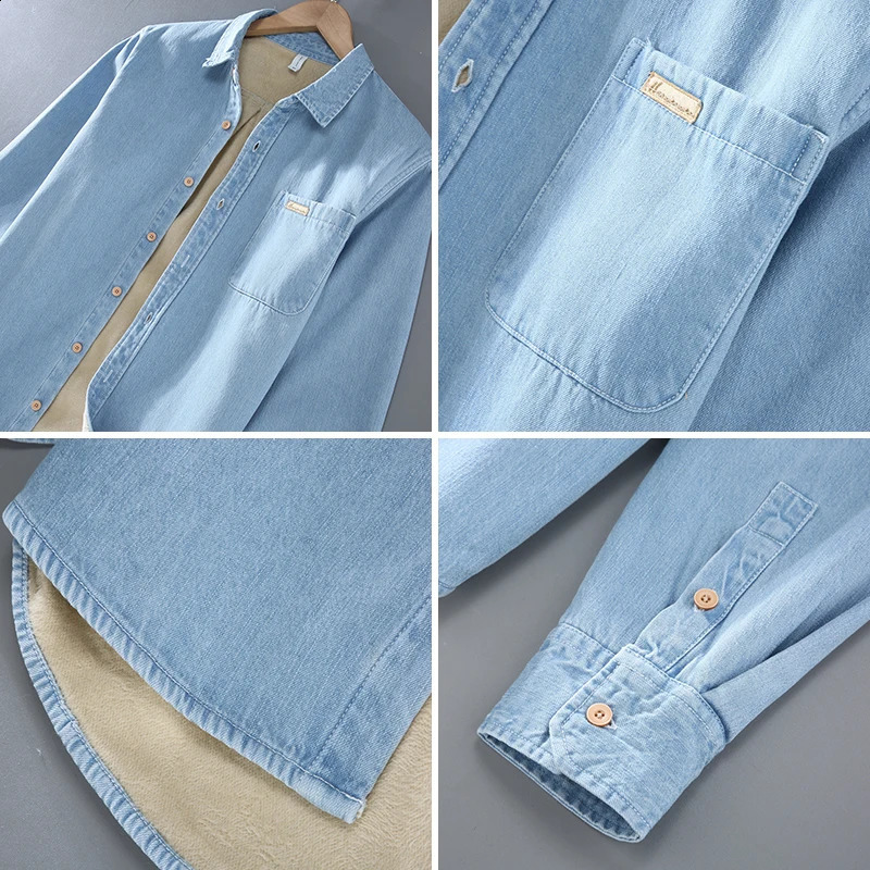 Denim long sleeved shirt mens solid color thick autumn and winter style warm young single chest jacket casual trend 250411e