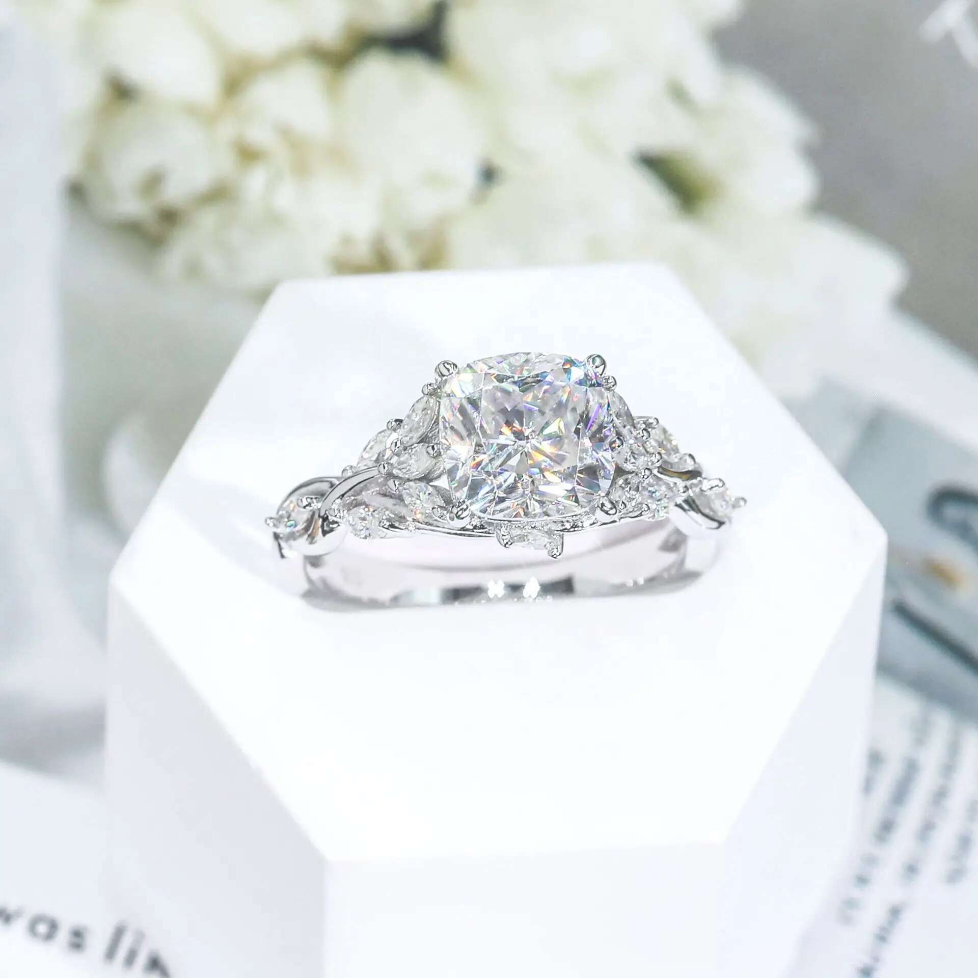5CT Full Moissanite Diamond D Color VVS Cushion Cut Womens Ring S925 Sliver Plated White Gold Wedding Fine Rings for Women