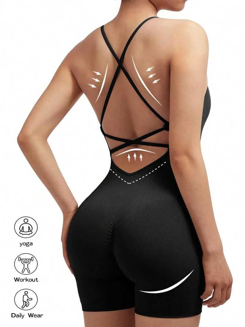 Sexy fitness jumpsuit womens cross adjustable sports Playsuit running one-piece yoga suit Scrunch shorts backless jumpsuitW250411