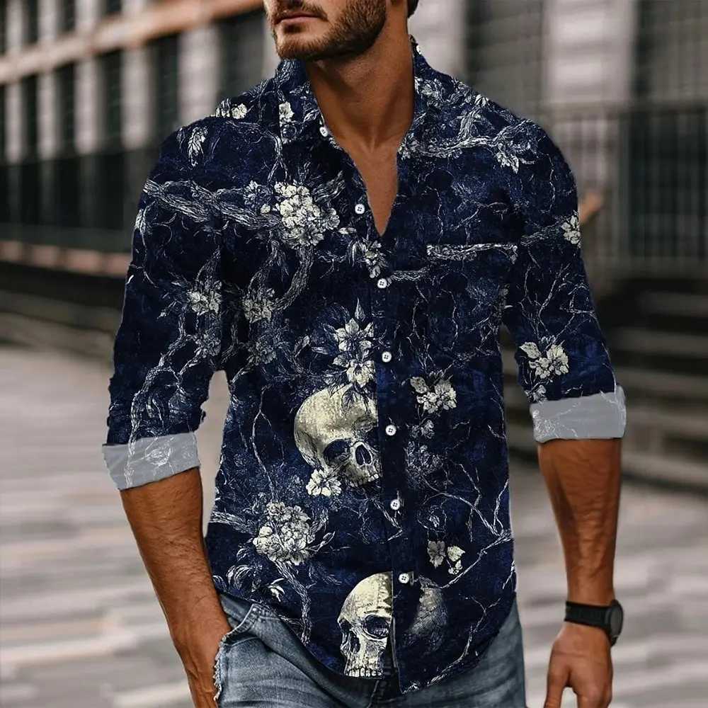 Mens Skull Day of the Dead Shirt Button Up Shirt Casual Long Sleeve Dark Punk Gothic Style Turndown 3D Print Collared Shirts K251110