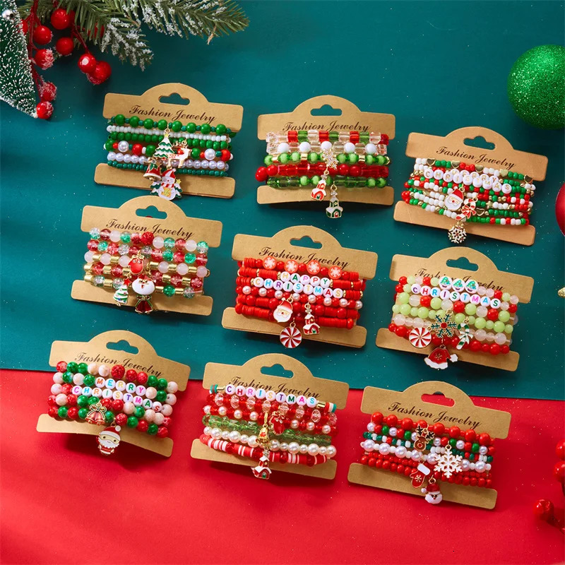 Christmas MultiLayer Colorful Beaded Bracelet For Women Santa Claus Snowman Reindeer Snowflake Polymer Clay Bangle Jewelry 251103