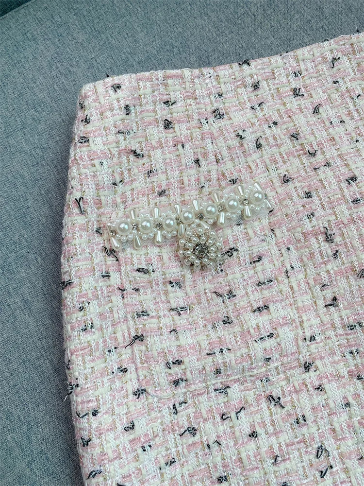 SS Fashion Tweed Women Two Pieces Sets Short Coat Midi Skirt With Beedings 251106