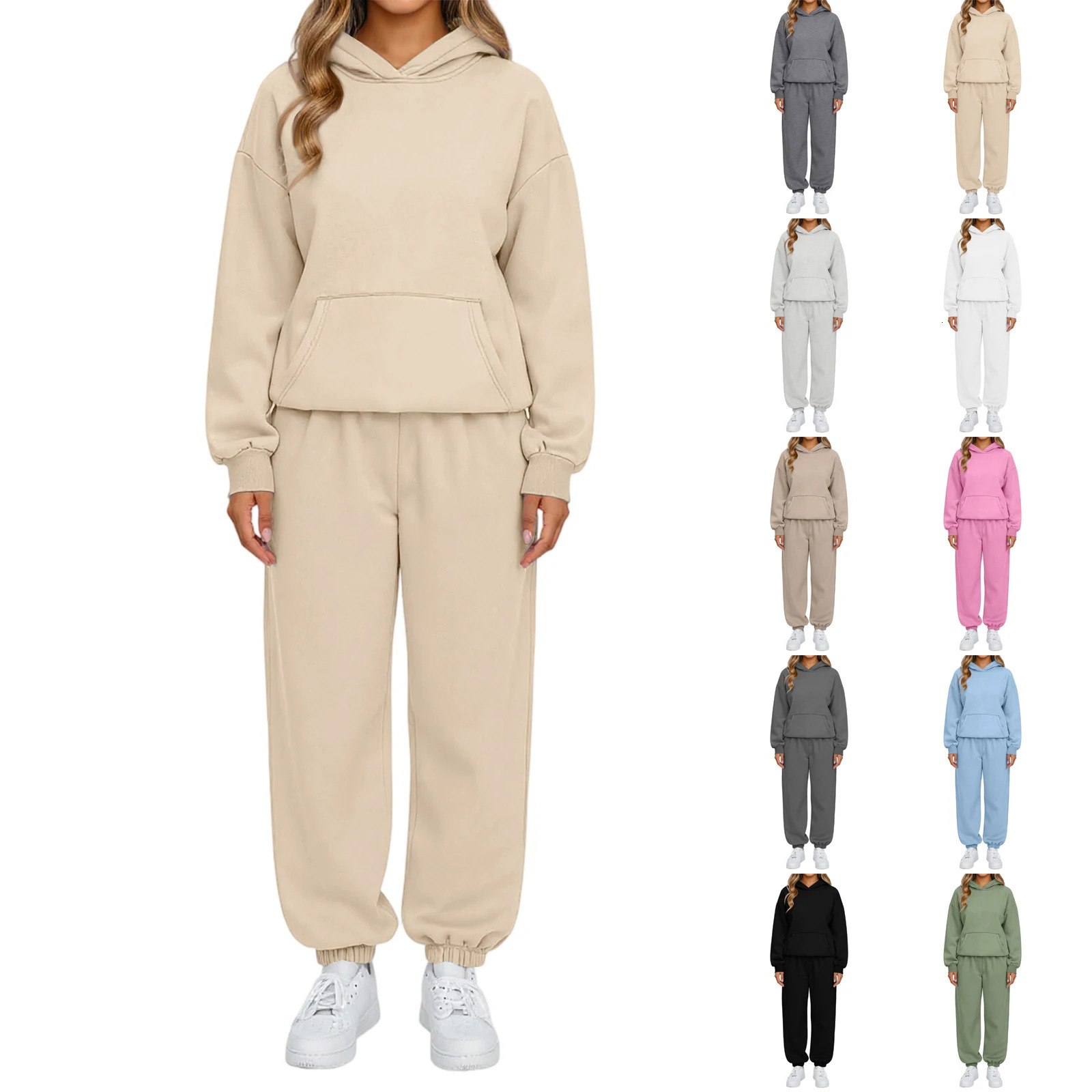 Womens Solid Sportswear Set Basic Classic Hooded Sweatshirt Sweatpants Two-Piece Daily Looks Causal Sports All-Match Set 251106