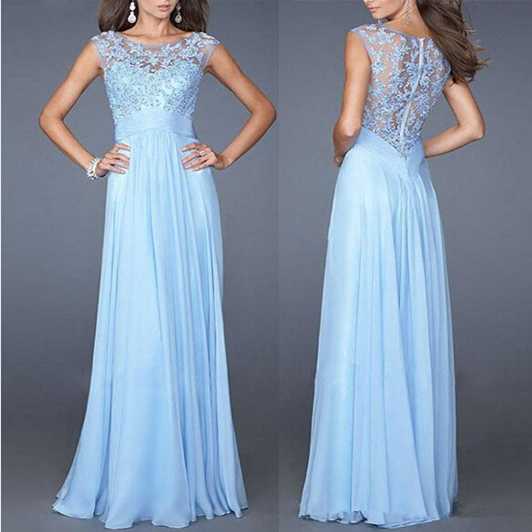 Evening gown 2025 slim fit light blue lace chiffon back zipper sexy long dress 10 colors