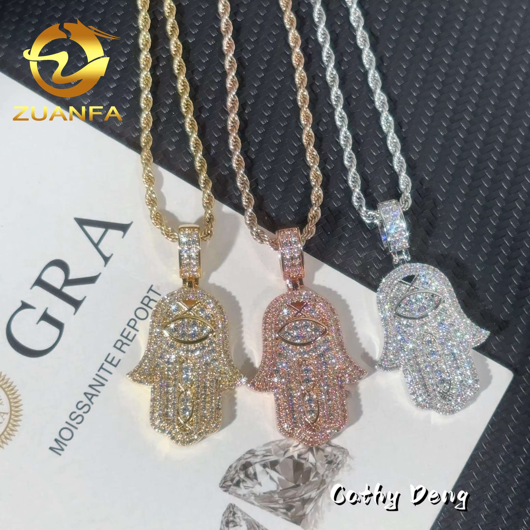 Ready to Ship Moissanite Hip Hop Jewelry Hamsa Iced Out Pendant Sterling Silver 925 Moissanite Pendant With Rope Chain for Men