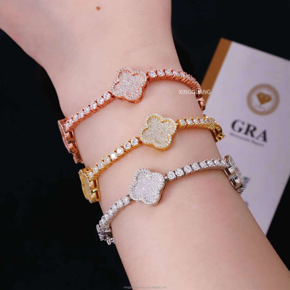 Fashion Four Leaf Gold Plated S Sier 3MM 4MM Mossanite Link Clover Charms Tennis Chain Jewelry Bracelet