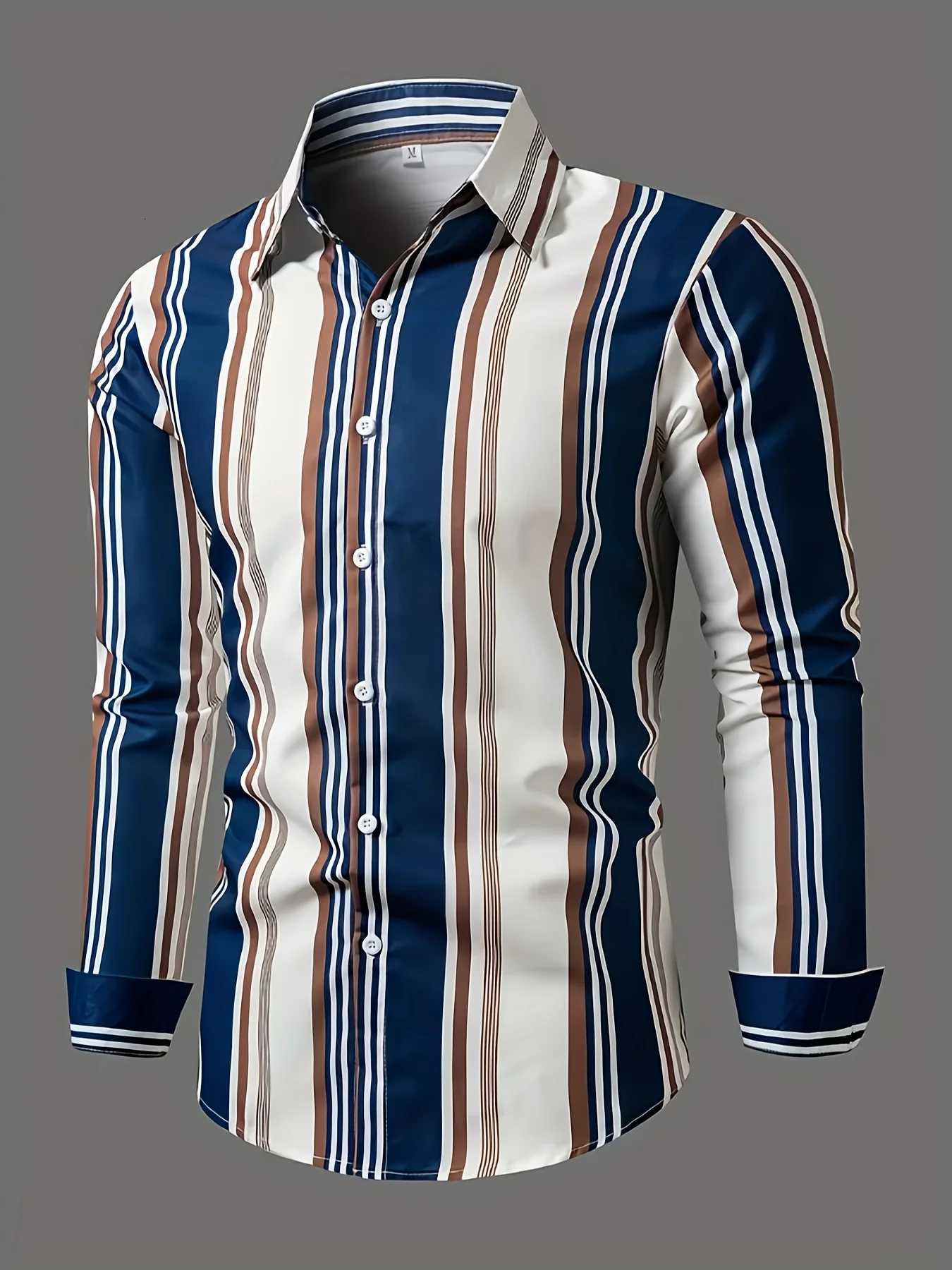 MenS Casual Regular Fit Striped Long Sleeve Solid Color Polyester Button Lapel Shirt WovenNon-Stretch Fabric K251110