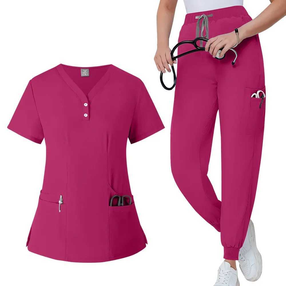 Womens medical frosted pants mid waist elastic wrinkles slim fit waist brushed pocket surgical gown X250410