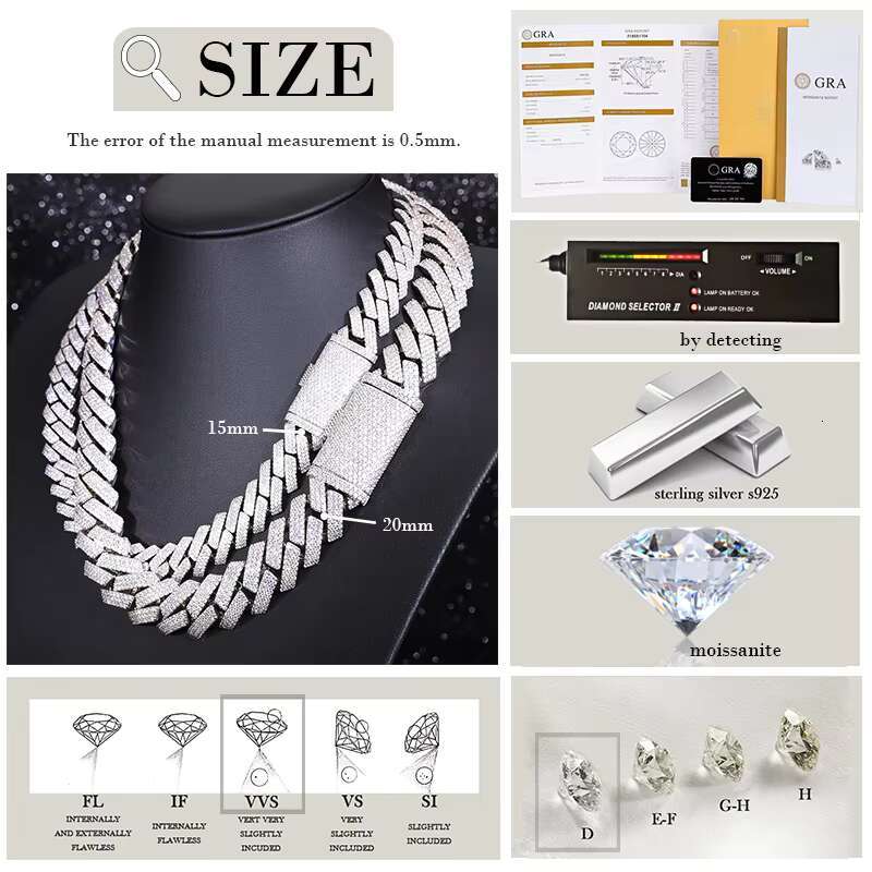 Solid Silver Cuban Chain 15MM 20MM Wide 3Row GRA Certificate VVS Moissanite Diamond Cuban Link Chain Men Rapper Hip Hop Necklace