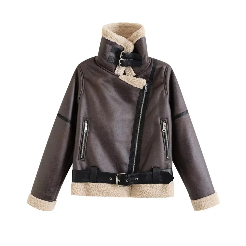 Womens Thick Warm Faux Suede Jacket with Belt Long Sleeve Front Zipper Female Outerwear Chic Tops Winter Fashion 251105