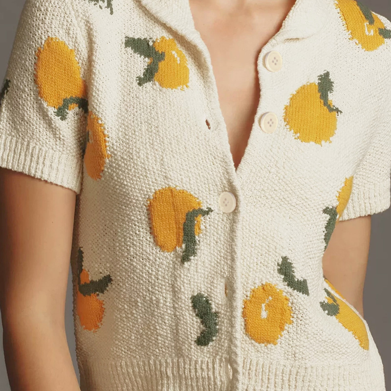 Womens Solid Color Knit Cardigan - Sesame Bottom Jacquard with Fruits & Flowers for Valentine's Day---NBJ039