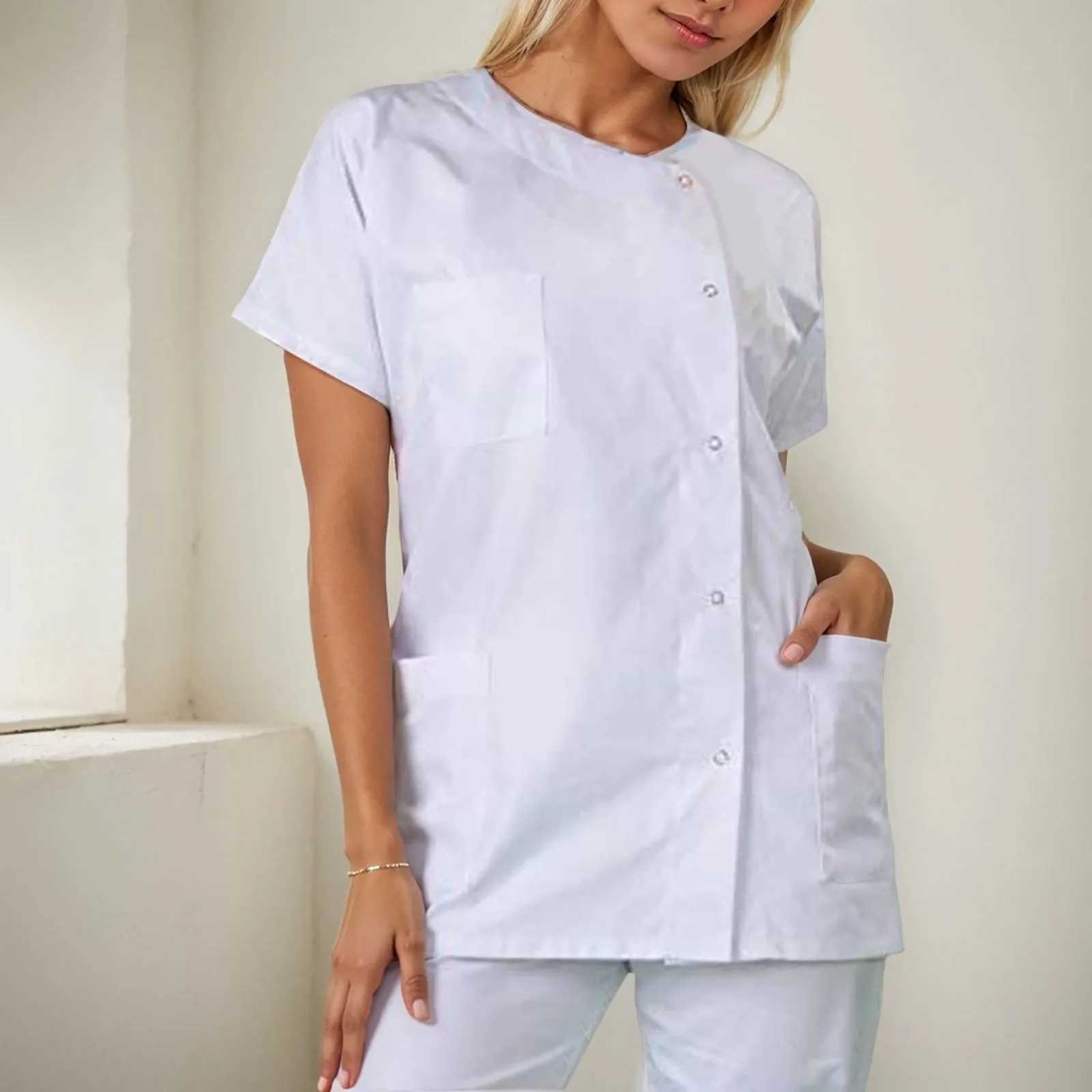 Womens white washer uniform pocket button short Slve washer top round neck nurse accessory Enfermeria X250410