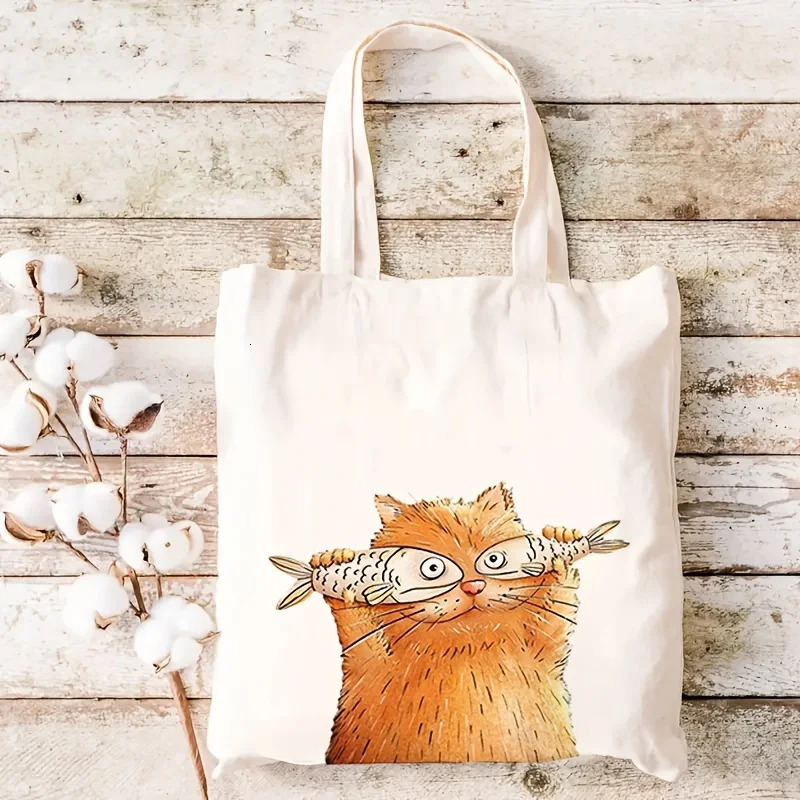 Casual Canvas Tote Bag with Cute Cat Print Reusable Animal Printed Shopper Fixed Shoulder HighCapacity for Shopping 251110