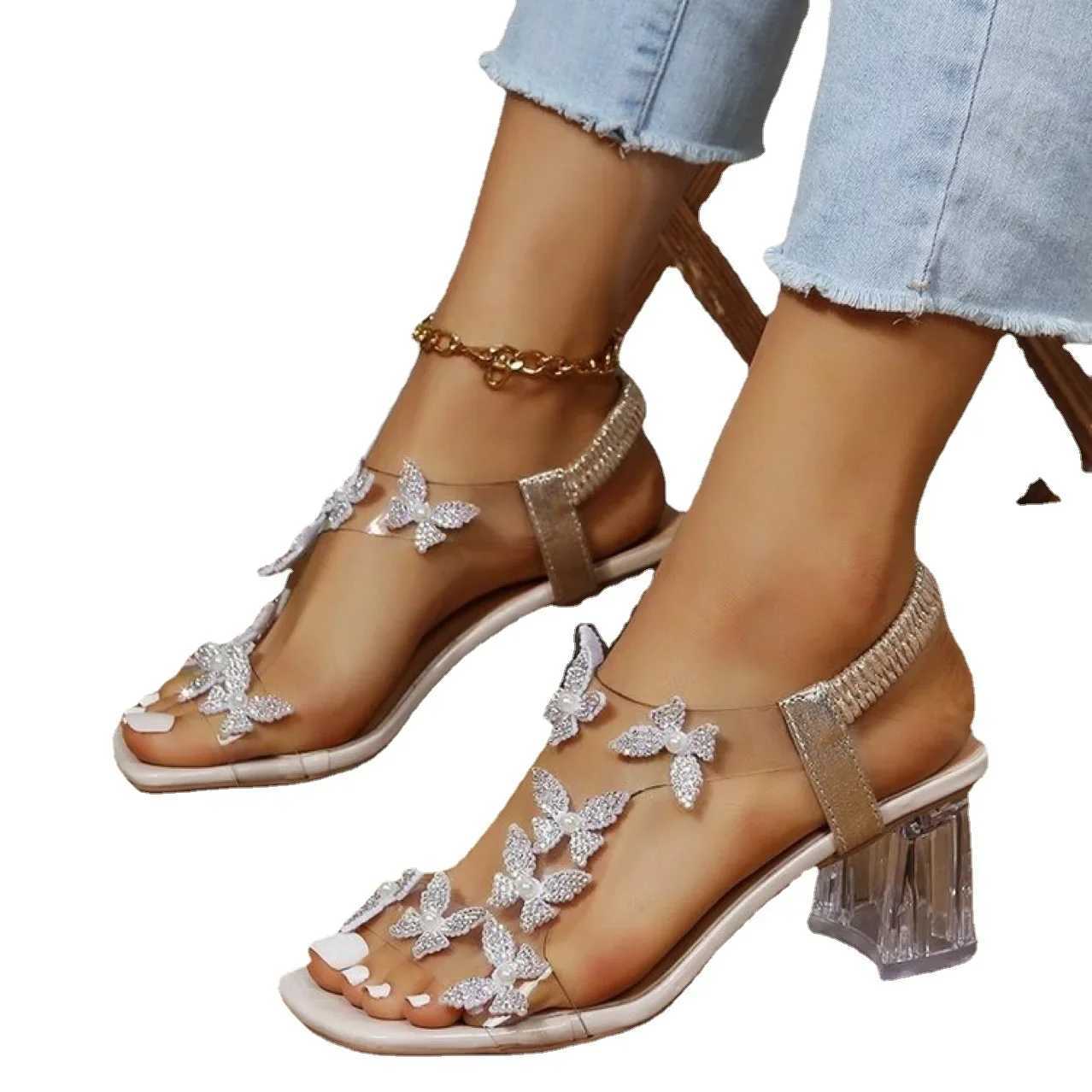 New Thick High Heels Womens Large Casual Sandals Rhine High Heels Womens High Heels Metal Butterfly Party WeddingXJ250410