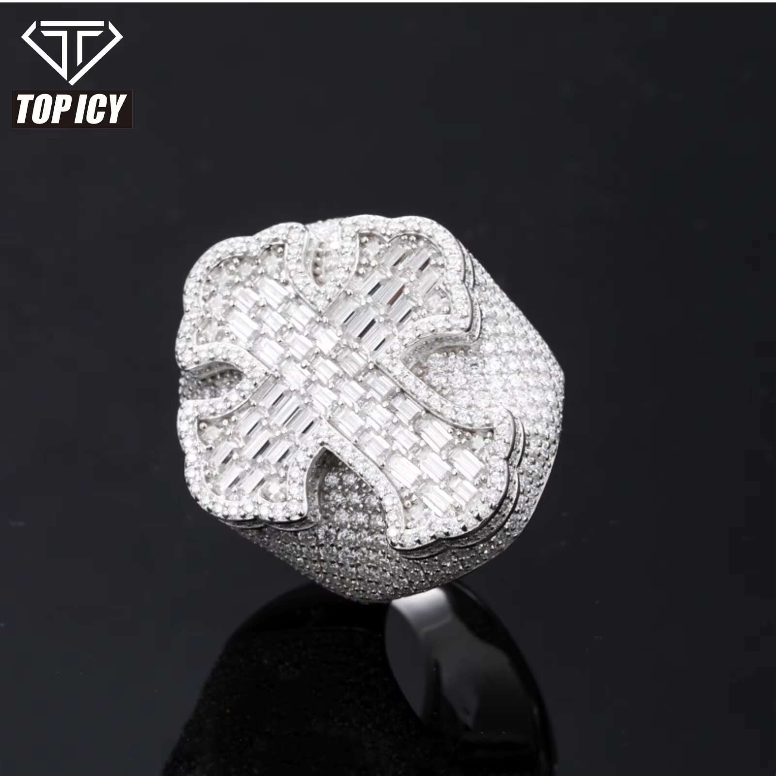 New Arrivals Micro VVS Baguette Moissanite Ring 925 Sterling Silver Hip Hop Rappers Cross Jewelry Bling Cross Ring for Man