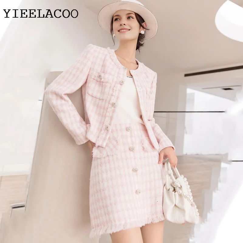 Pink Tweed jacket Skirt Suit plaid fashion Professional Set slimming Womens Suit Autumn/Winter 2-Piece Set 251106
