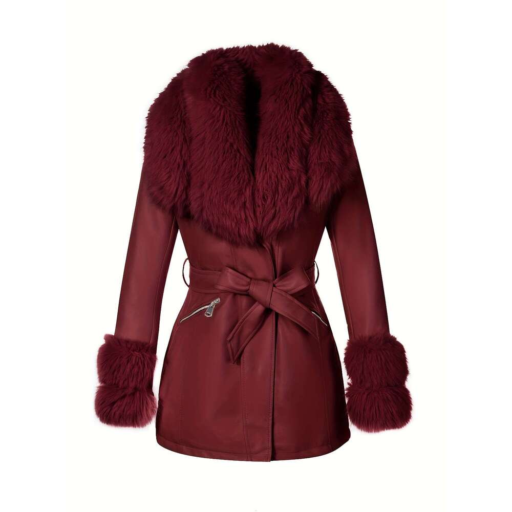 Women's Elegant Winter Jacket With Detachable Fake Fur Collar & Lapel - Belted Coat, Solid Color Long Sleeve Outerwear Fall/Winter, Non-Stretch F