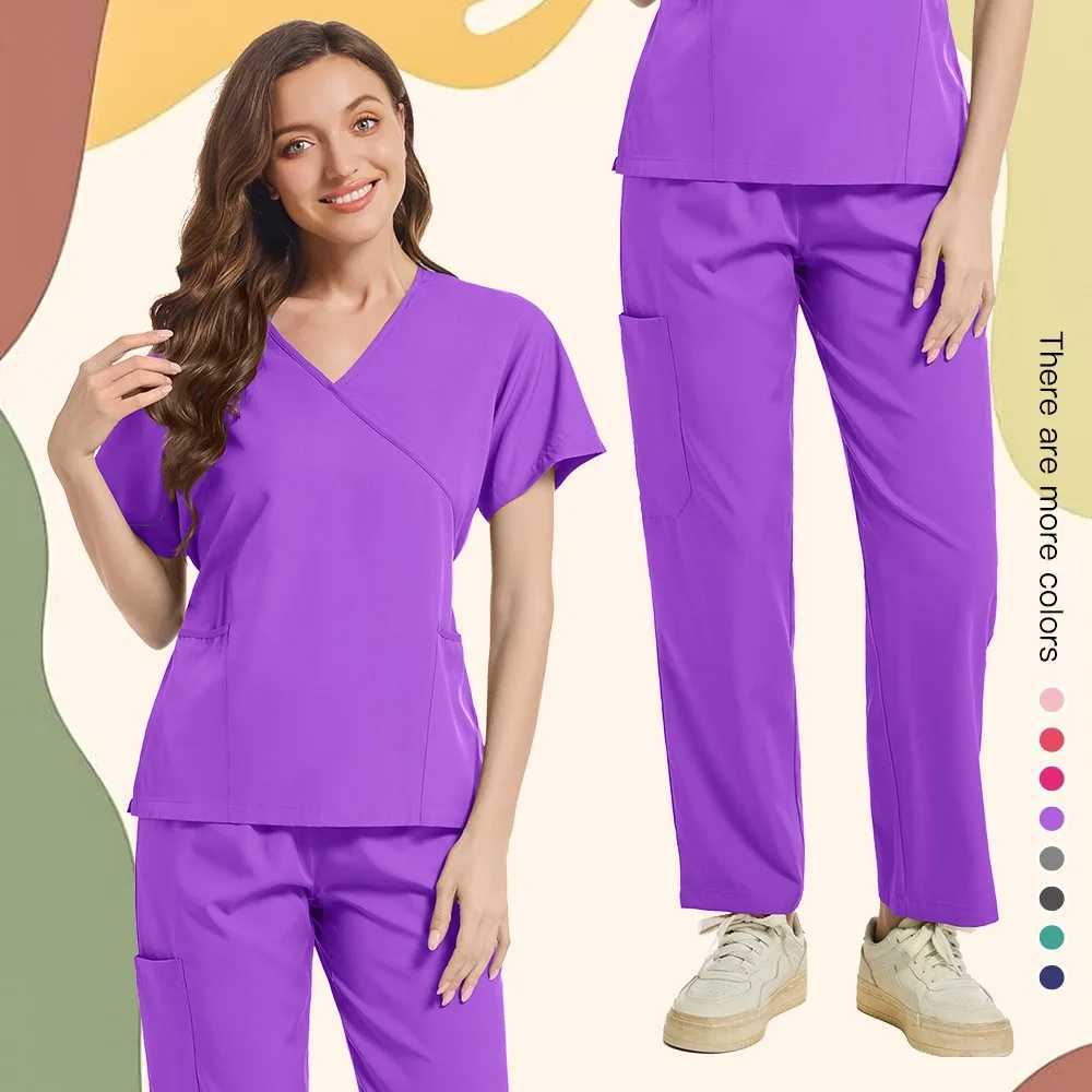 Women Medical Uniforms Elastic Beauty Workwear Blouse+Straight Pants Hospital Scrubs Set Surgical Tops Pants Nursing Accessories X250410