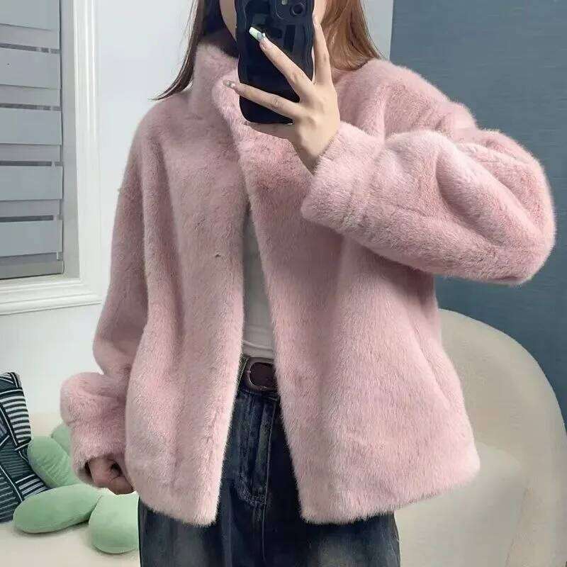Women Fashion Stand Collar Mink Top Female Long Sleeves Fox Jacket Autumn And Winter Lady Short Leather Fur Outwear