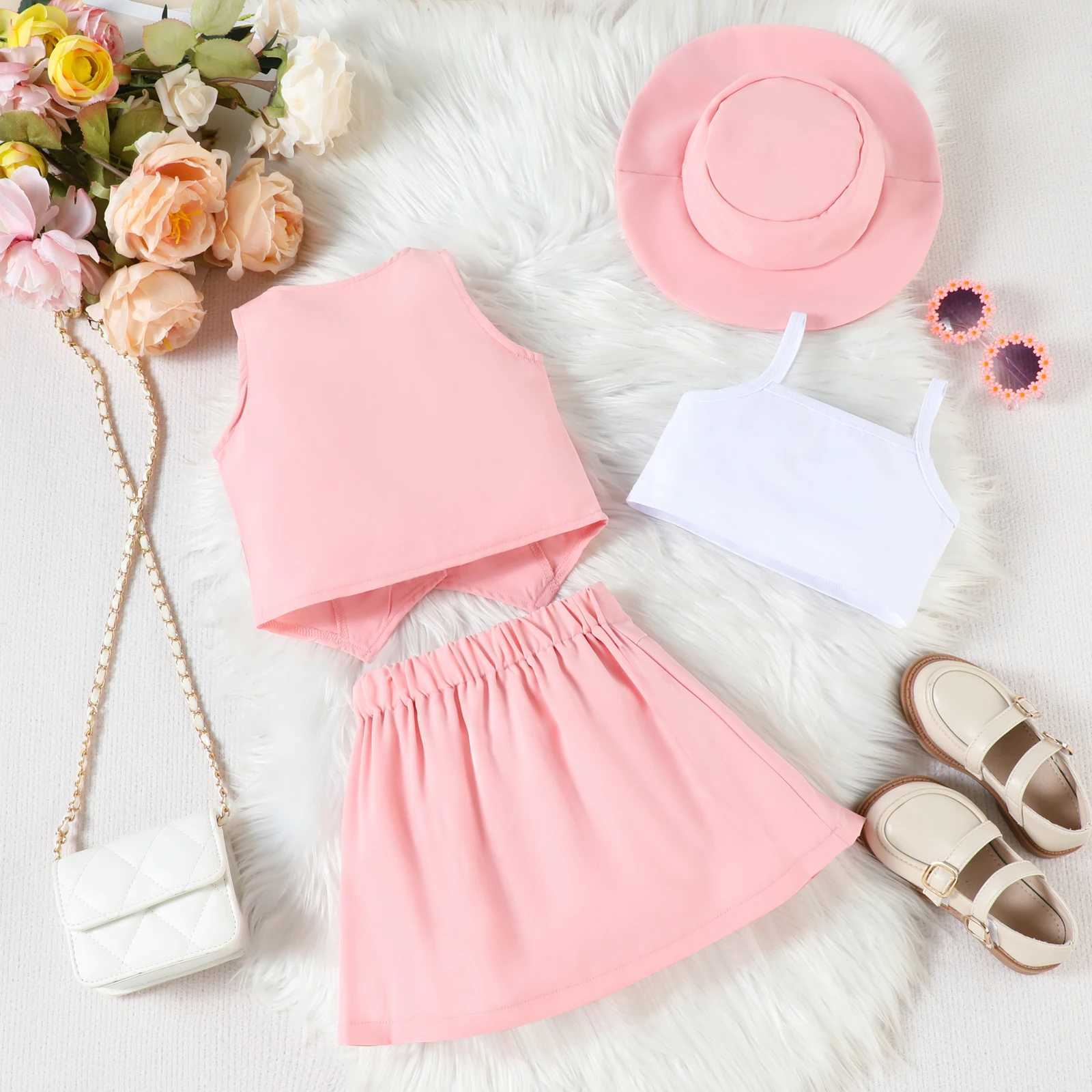 3-7Y Fashion Girls Summer Clothing Set V-neck Sleeveless Button Tank Top Cami Wrinkled Ski Hat 4pcs Childrens ClothingXJ250410