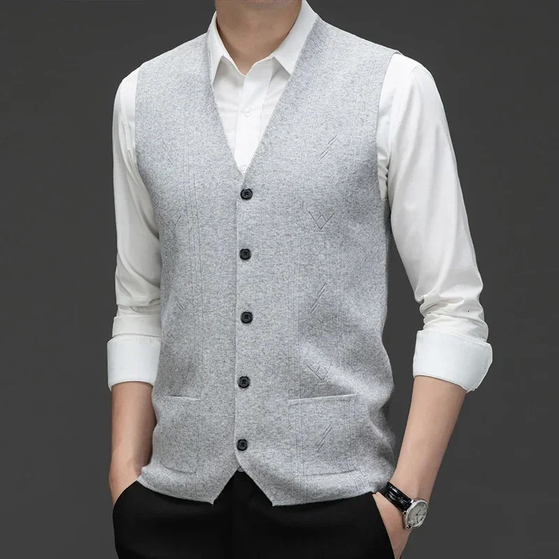 Warm Knit Vest Button Fashion Vneck Sleeveless Sweater Autumn Top Thick Mens Western Casual Suit Business Clothes 251104