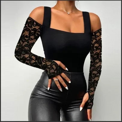 Spring and Autumn Sexy Irregular Long Sleeve Tshirt Lace Splicing Non Chinese Mainland Origin Abnormal 250407