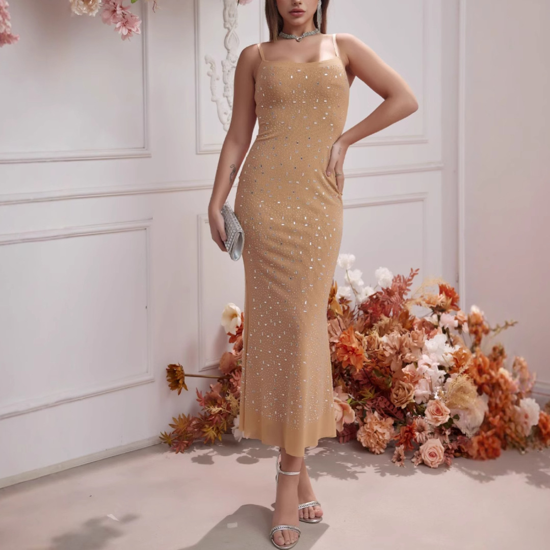 French heavy industry hot stamping sexy suspender temperament long banquet hip hugging slim fit dress