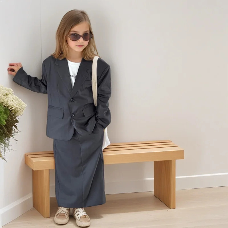 Girls Grey Suit Autumn Casual Loose Blazer Skirt Two Pieces School Uniform for Kids Wedding Party Formal Costumes 2-13 Year 250410