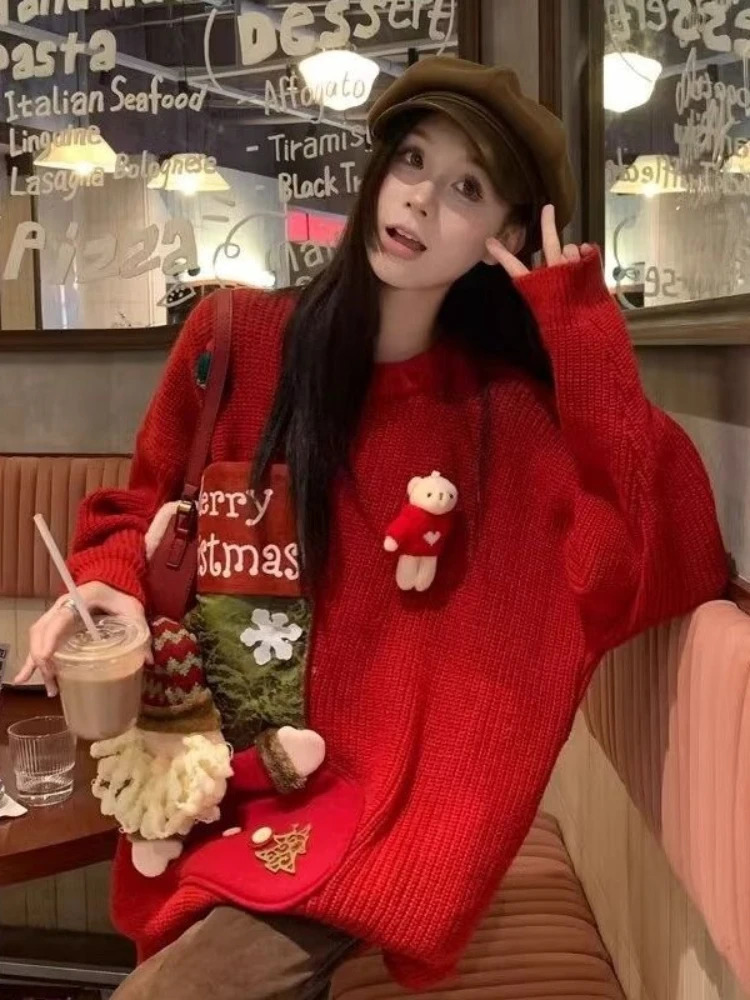 Fashion Vintage Christmas Sweater Lazy Thicken Long Sleeve Pullover Coat in Autumn Winter Cartoon 3D Decoration Sweater 251106
