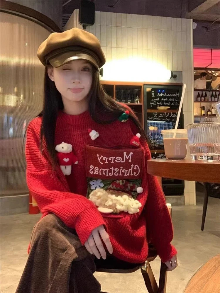 Fashion Vintage Christmas Sweater Lazy Thicken Long Sleeve Pullover Coat in Autumn Winter Cartoon 3D Decoration Sweater 251106