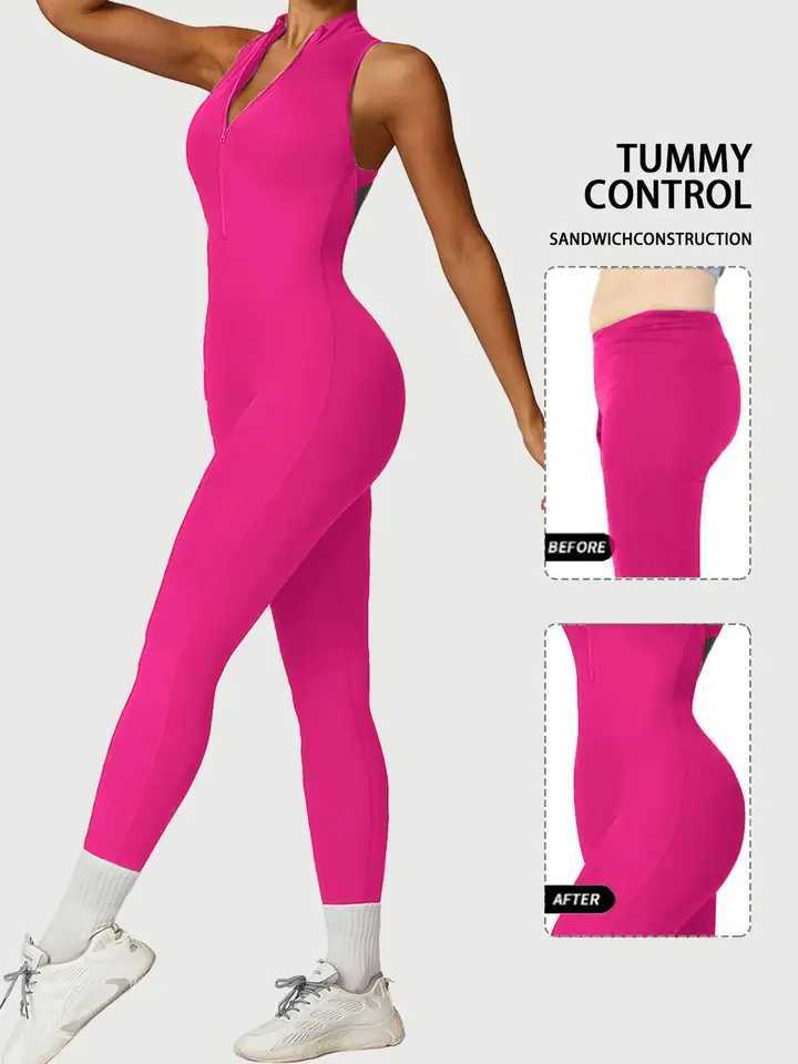 Stand up collar fitness jumpsuit with zipper and hollow back quick drying exercise jumpsuit womens yoga jumpsuitW250411