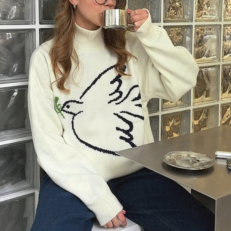 Women's solid-color jacquard sweater, high-neck comfortable street-style long-sleeved sweater, peace dove jacquard, fall clothes christmas sweate