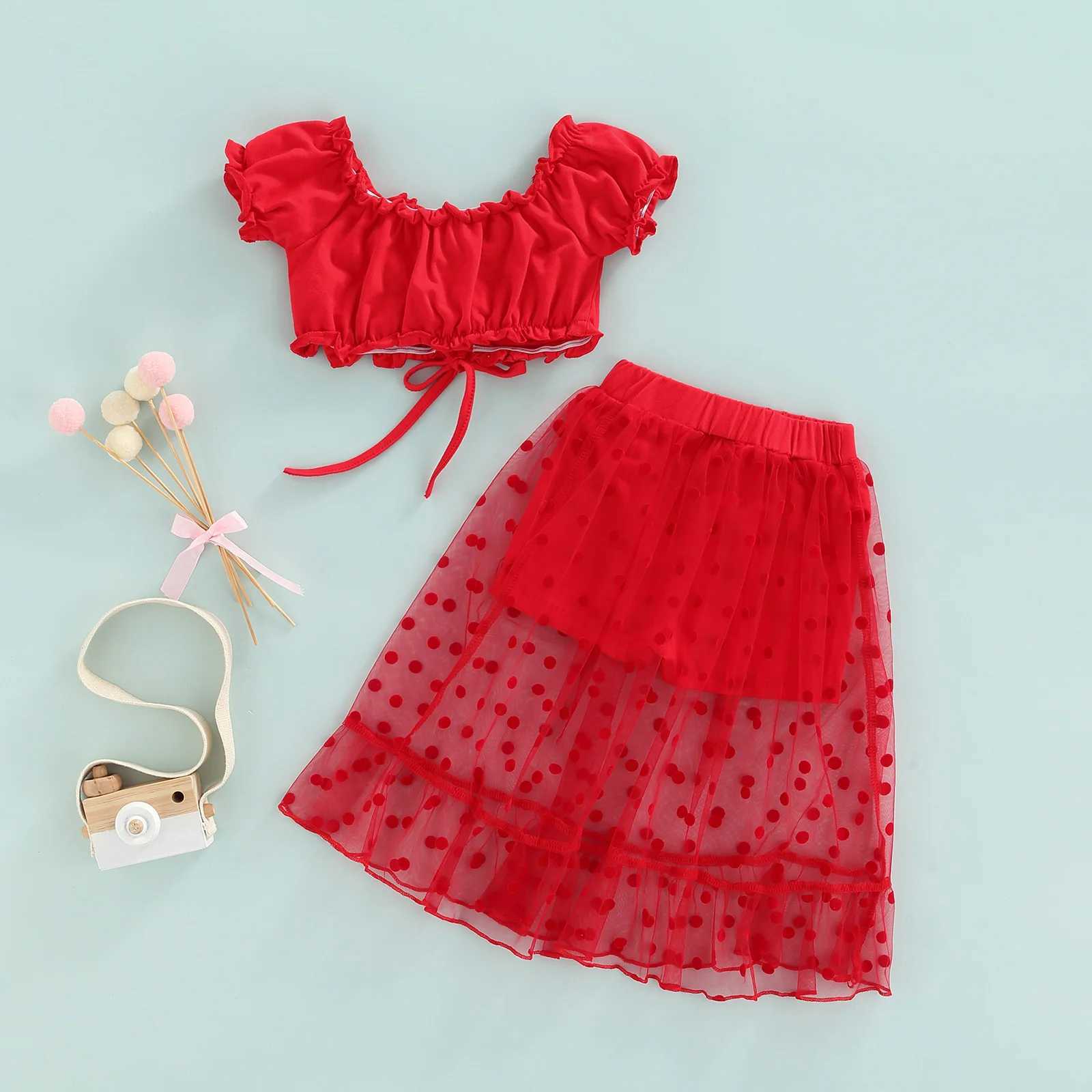 Childrens baby girl 2PCS set childrens baby girl pleated edge decoration Drstring pleated short sleeved top+patch work mesh shorts 2-7TXJ250410