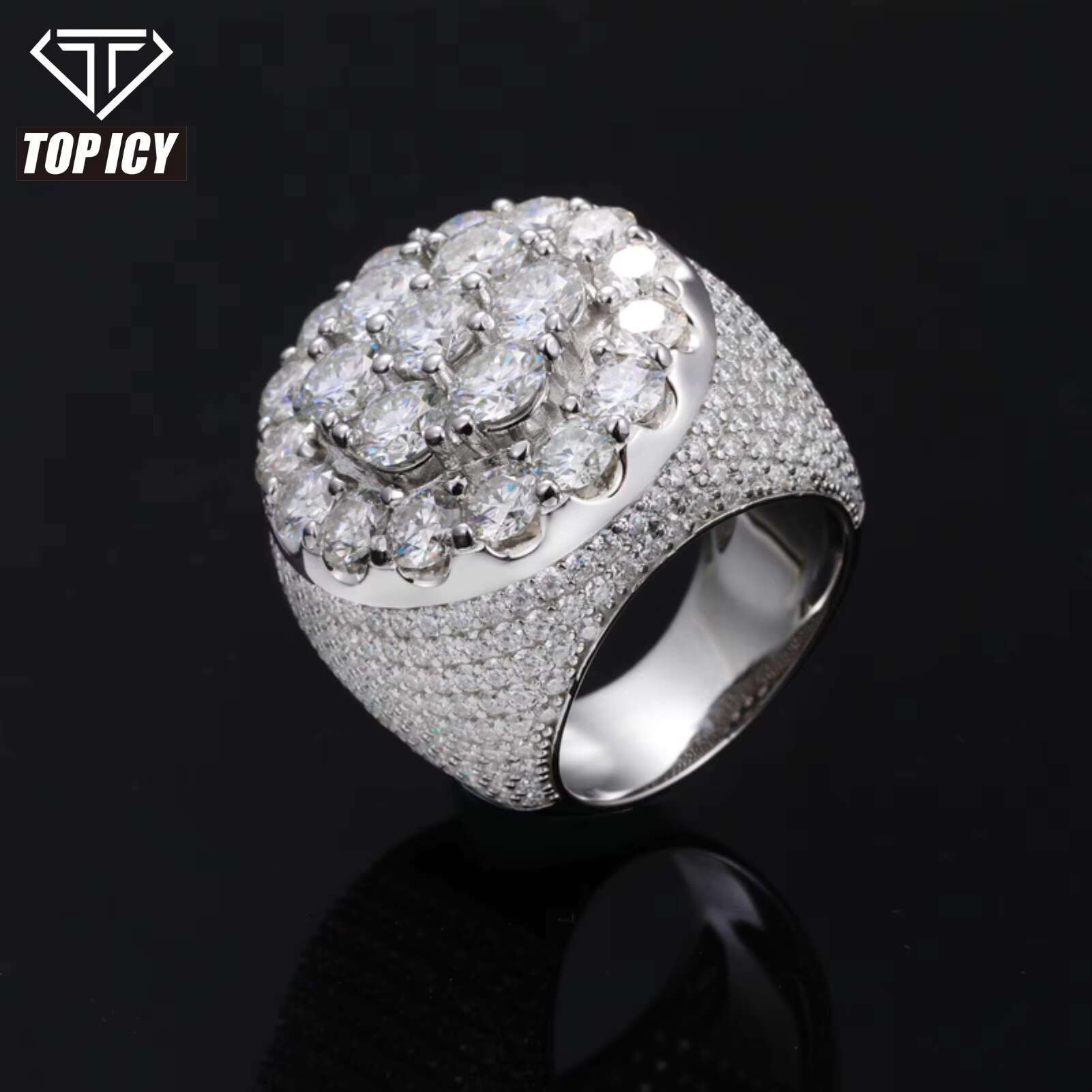 Luxury VVS Round Brilliant Cut Moissanite Flower Ring 925 Sterling Silver Iced Out Hip Hop Rappers Flower Jewelry Ring for Man