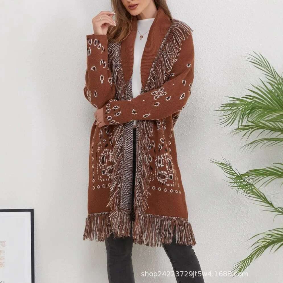 Loose Casual Knitted Cardigan Vintage Ethnic Tassel Long Thick Winter Women's Large Size Scarf Collar Sweater
