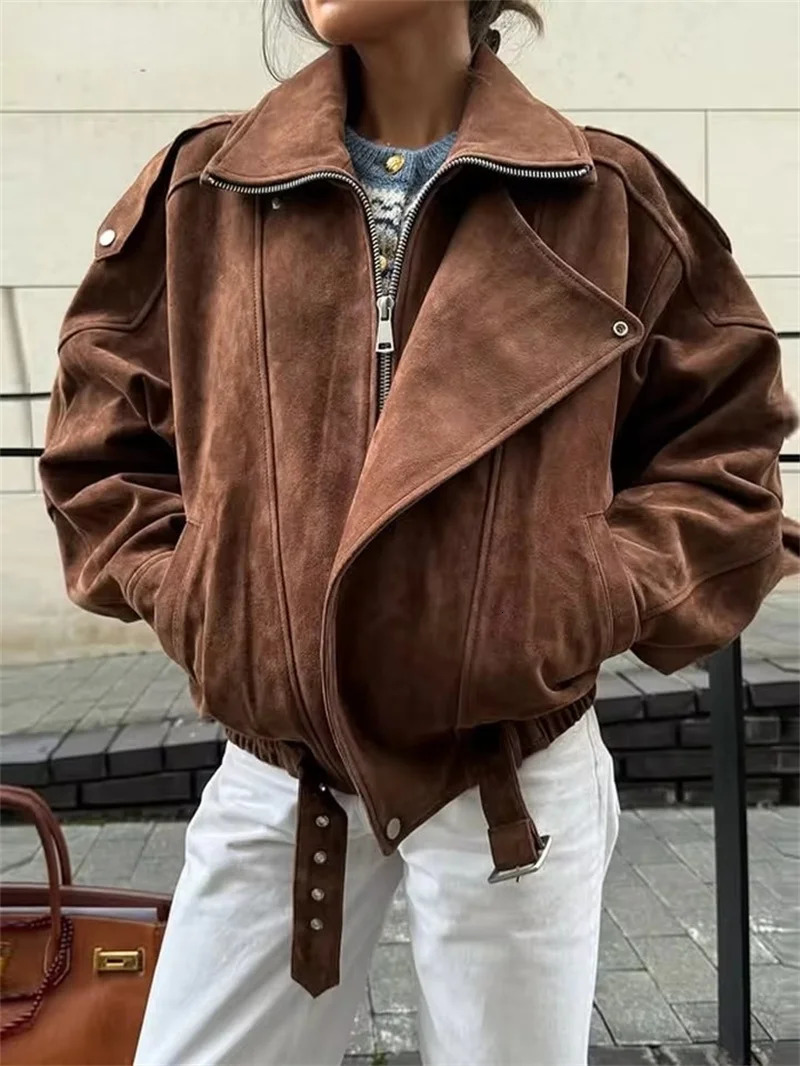 Womens Belt Short Suede Jackets Loose Lapel Long Sleeve Zipper Coats Spring Lady Vintage Female Outwear Street 251106