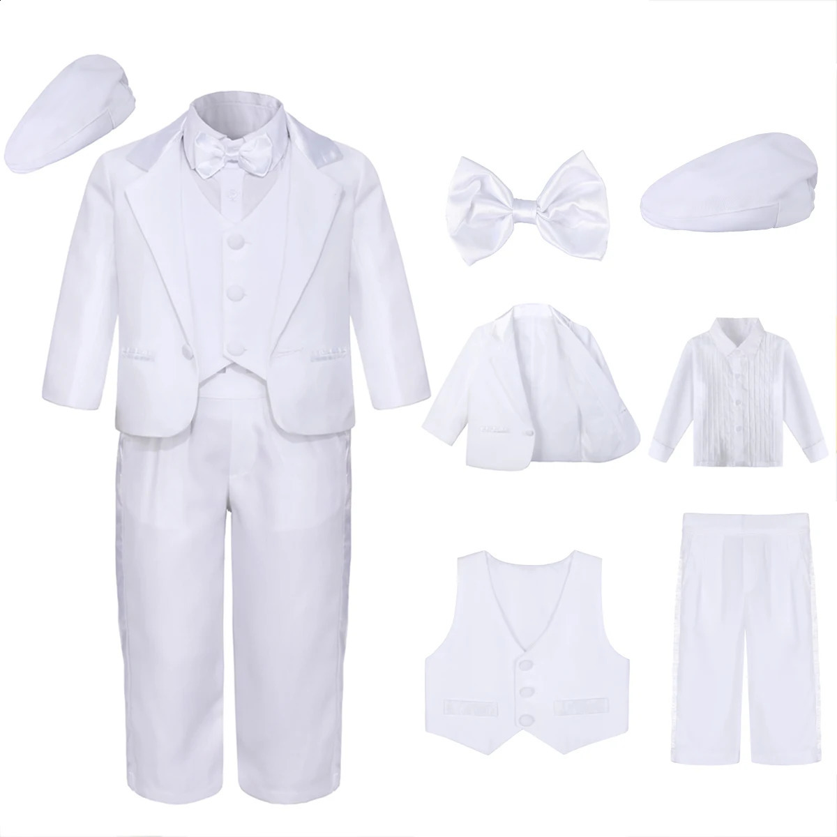 Baby Boy Baptism Outfit Infant White Christening Suit with Hat Toddler Wedding Birthday Party Clothing Long Sleeved Tuxedo 5PCS 250410