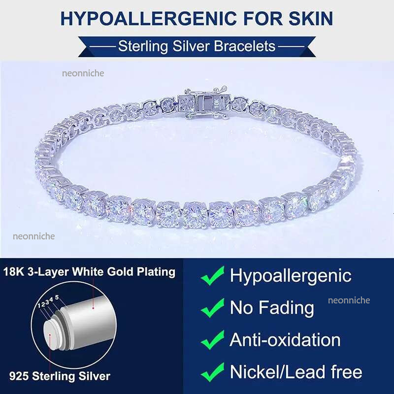 Moissanite Tennis Women Gold Sier Plated Designer Bracelet 3/4/5mm Wide Chain Bracelets Rapper Hip Hop Men Jewelry Woman Valentines Day Gift