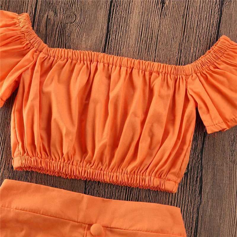 1-5 Year Old Preschool Girls Orange Clothing Set Shoulder Cut Top Ruffle Girls Summer 2-piece SetXJ250410