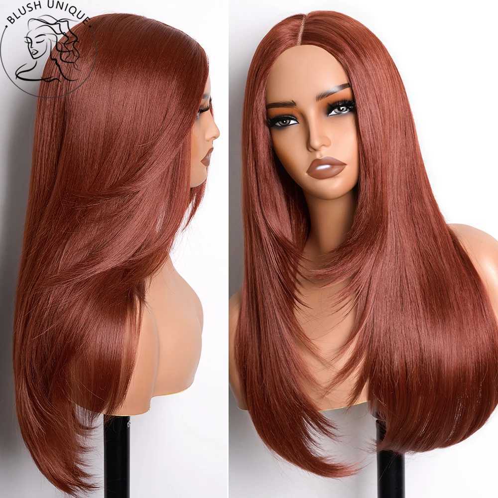 Copper Red Layered Cut Lace Front Wigs Reddish Brown Straight Lace Frontal Wig Layered Glueless Wigs Synthetic Butterfly HaircutT251111
