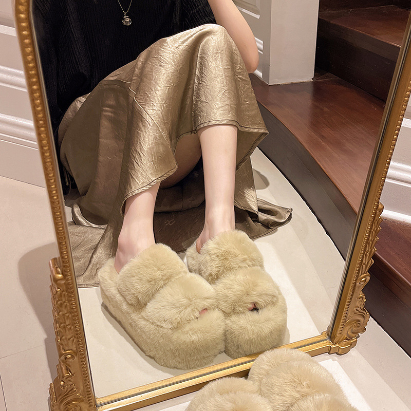Litfun Winter Women Fluffy Slippers Winter Platform Plush Open Toe Slippers Indoor Fur Flat Slides Women Fuzzy House Shoes 251106