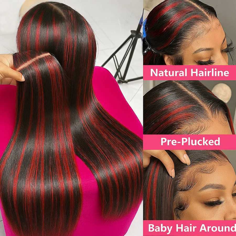 No Silk 1B/99J Highlight Straight 5x5 Glueless Wig Human Hair Vietnamese PrePlucked Ombre Red With Black Colored Lace Front WigsT251111