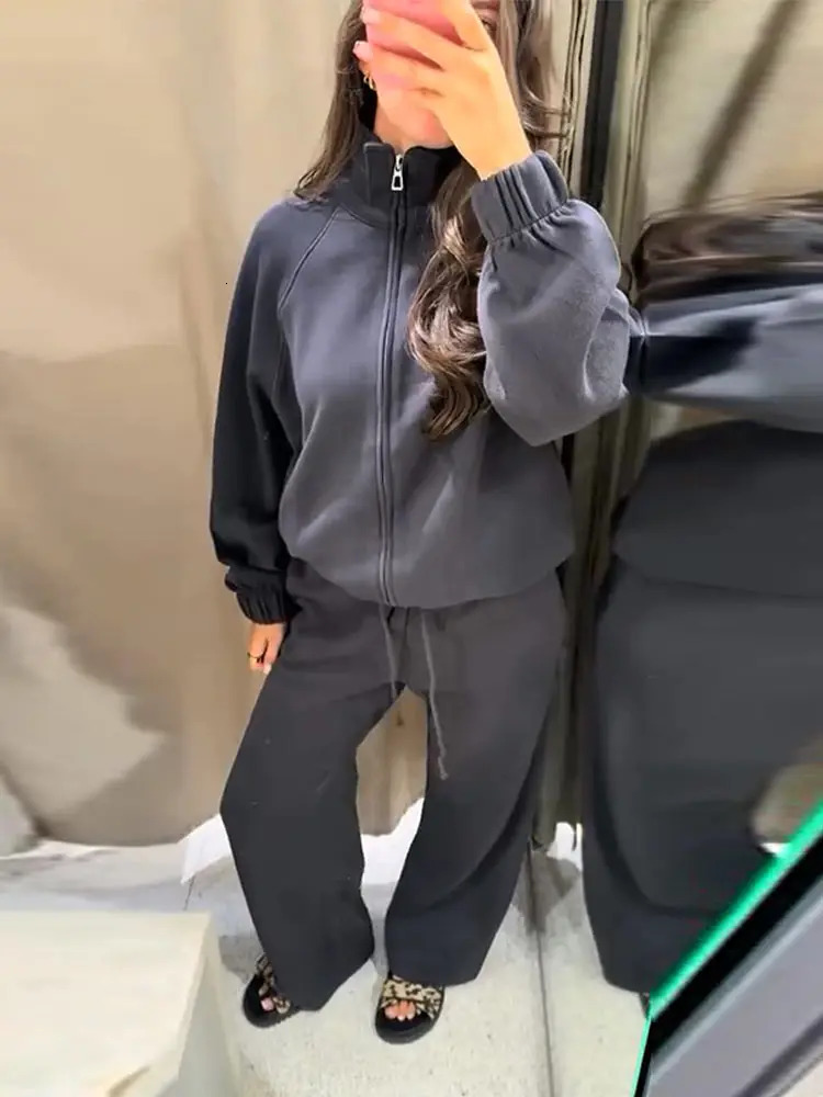 Women Sweatsuit Set Vintag Zipper Bomber Jackets High Waist Loose Pants Suit Female Autumn Fashion Lady Sportswear 2025 251105