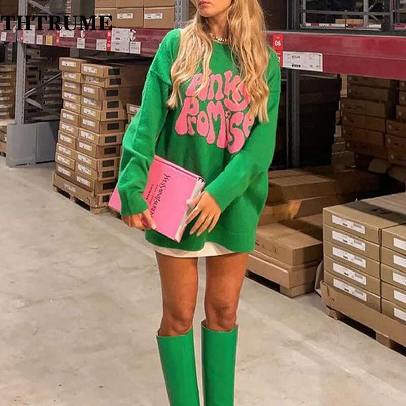 Autumn Winter Letter Print Sweaters Fashion Women Green Vintage Y2k Knit Streetwear Jumpers Tops Casual O-Neck New Pullovers