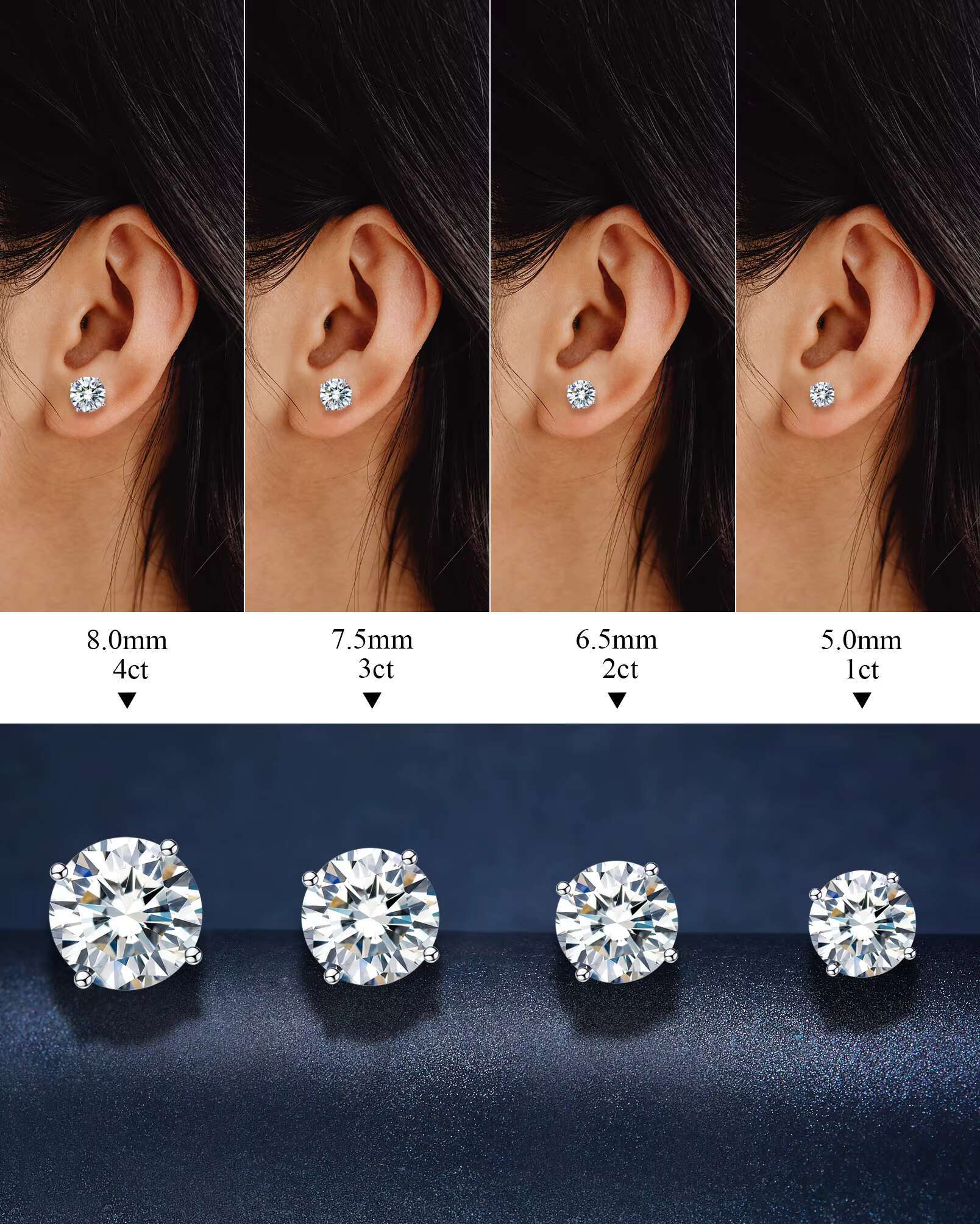 5mm 925 Sterling Silver Moissanite Ear Studs Hip Hop Womens Jewelry Accessories